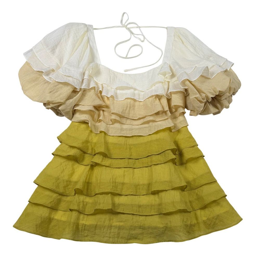 Strut & Bolt Ruffle Top Womens S‎ Yellow Ombre Good Tiered Puff Sleeve